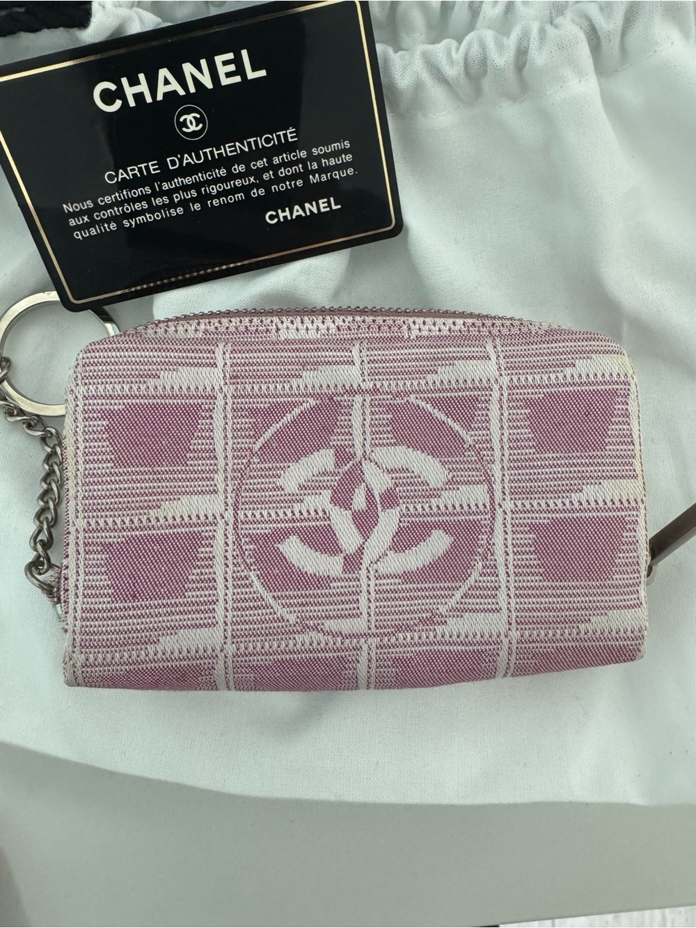 Chanel New Travel Line Coin Case Ring Mini Pouch Canvas Pink Coco